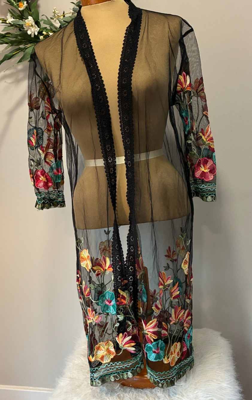 Black Sheer Mesh Duster Kimono Floral Embroidered Lace Trim Cardigan, One Size